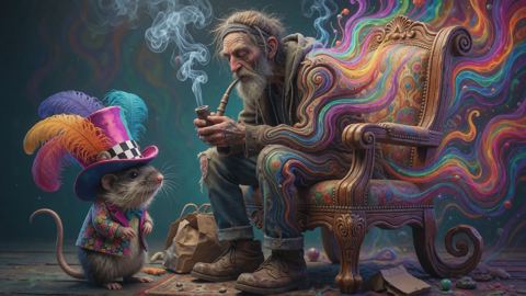 tramp trying salvia and turning into furniture while shrew wears pimp hat